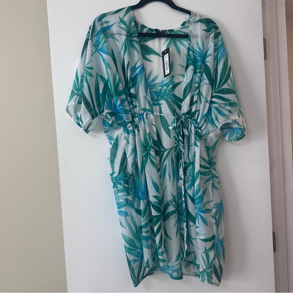 Portocruz Tropical Beach Pool Cover Up Kimono White Blue Green Size L NWT